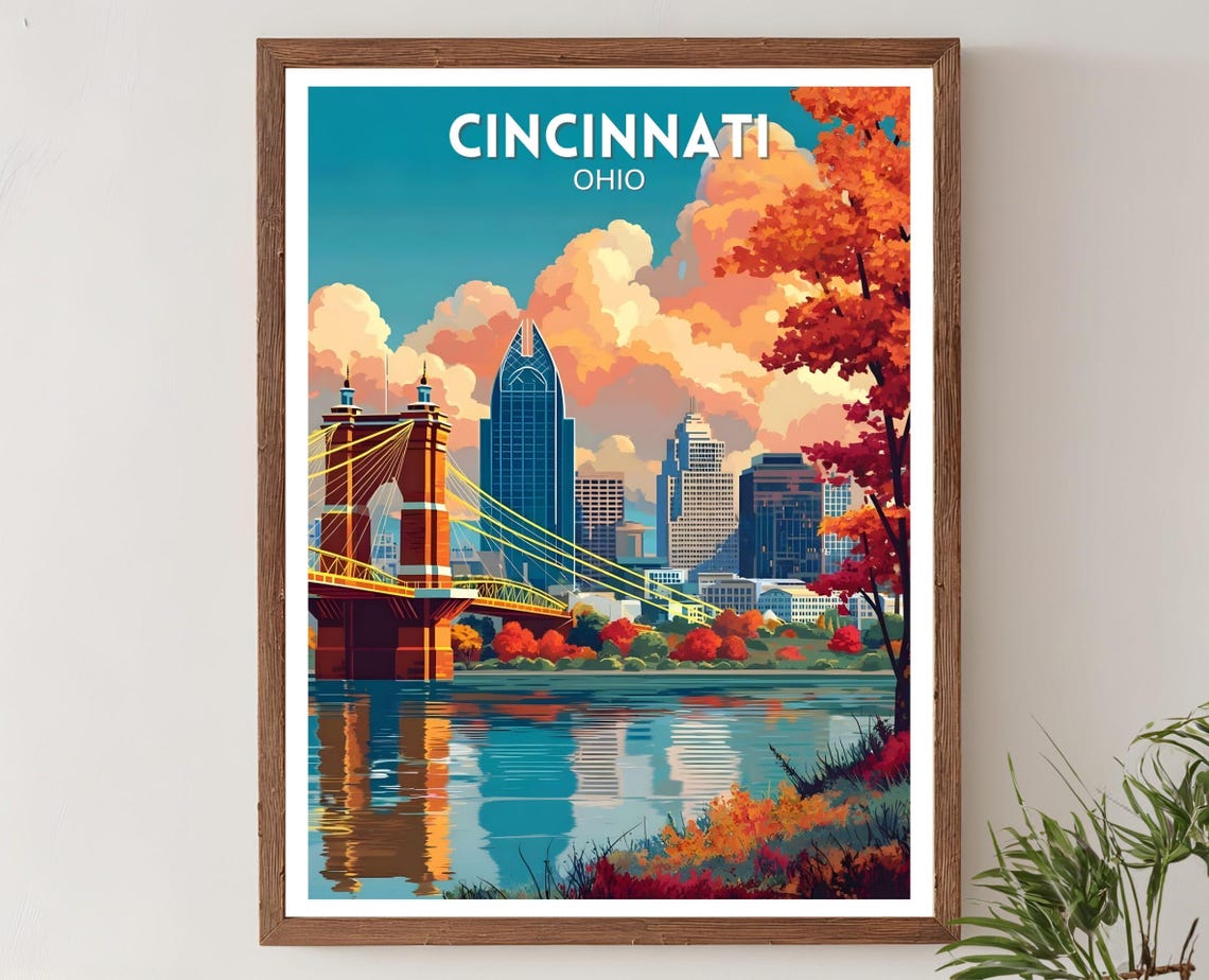 Cincinnati Ohio Roebling Bridge Skyline Autumn Vintage Travel Poster