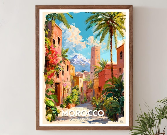 Morocco Africa Marrakech Medina Minaret Atlas Mountains Travel Poster