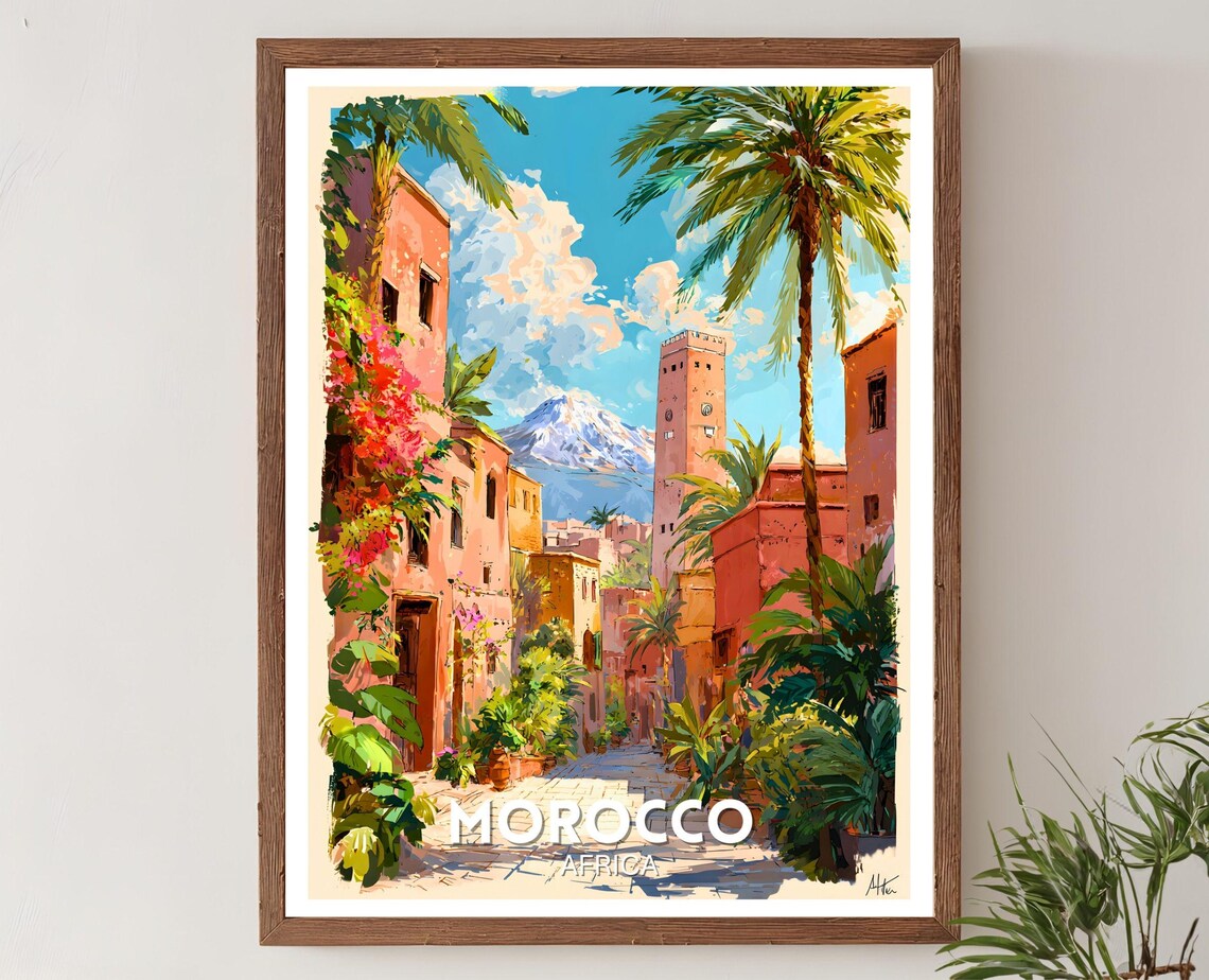 Morocco Africa Marrakech Medina Minaret Atlas Mountains Travel Poster