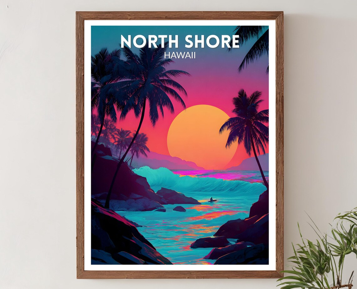 North Shore Hawaii Sunset Surf Palm Trees Ocean Waves Travel Poster