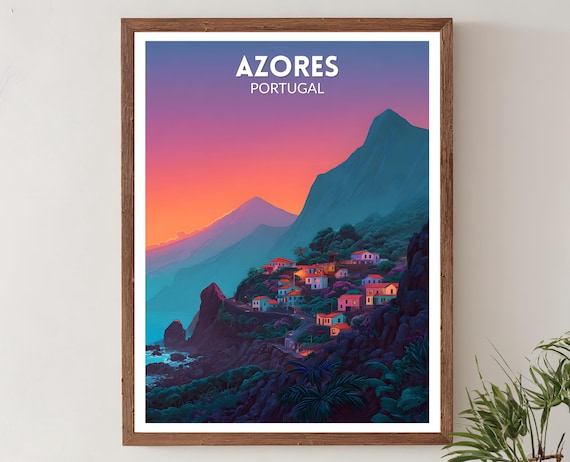 Azores Portugal Vibrant Travel Poster Retro Futuristic Coastal Sunset