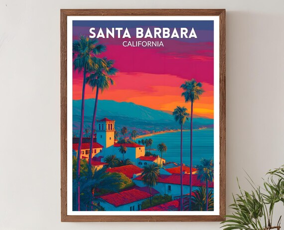 Santa Barbara California Coast Sunset Palms Vibrant Travel Poster