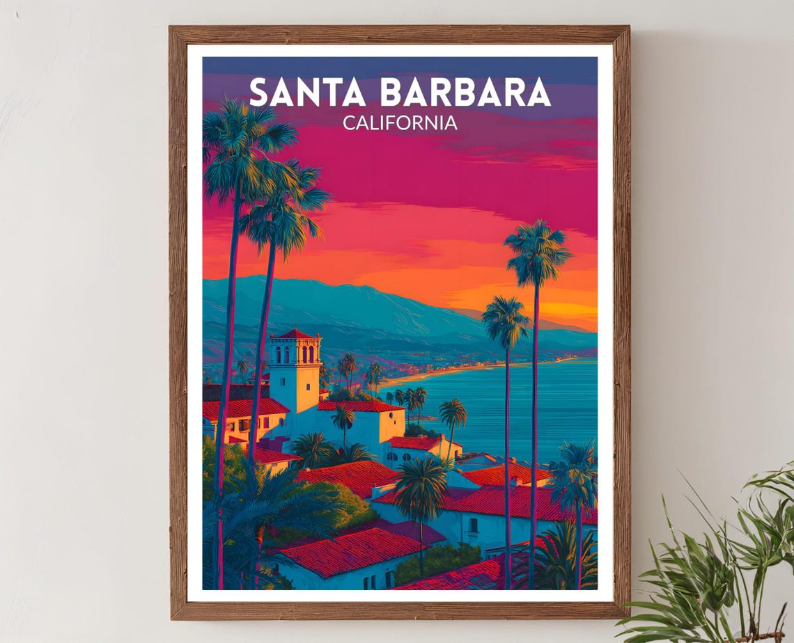 Santa Barbara California Coast Sunset Palms Vibrant Travel Poster