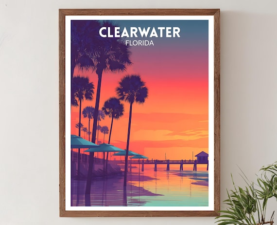 Clearwater Florida Vibrant Travel Poster Palm Trees Sunset Pier