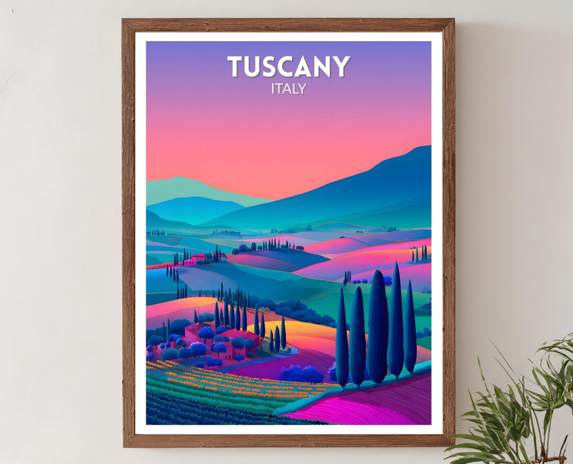 Tuscany Italy Vibrant Rolling Hills Cypress Sunset Travel Poster