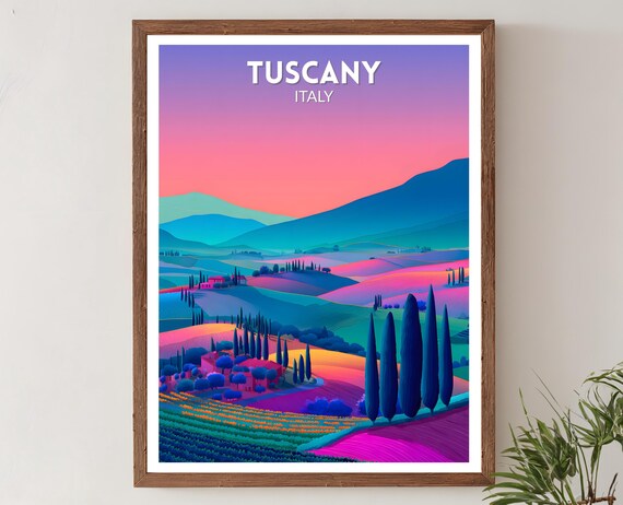 Tuscany Italy Vibrant Rolling Hills Cypress Sunset Travel Poster