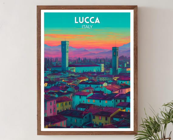 Lucca Italy Vibrant Travel Poster Retro Futuristic Wall Art Print Colorful Cityscape Modern European Decor
