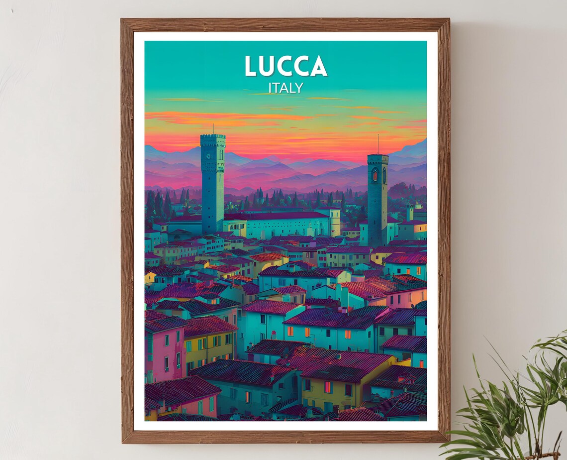 Lucca Italy Medieval Towers Sunset Cityscape Retro Travel Poster