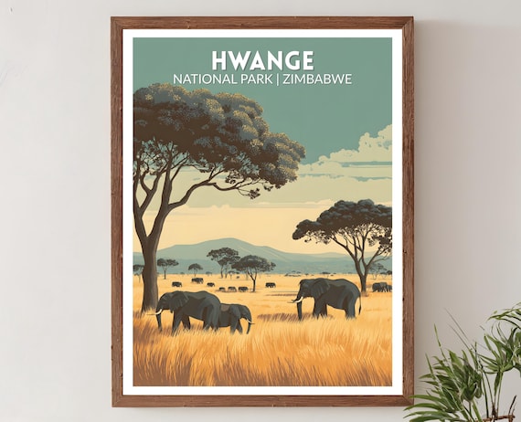 Hwange National Park Zimbabwe Elephants Retro Safari Travel Poster
