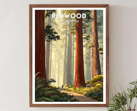 Redwood California Forest Retro Travel Poster Mid Century Nature Decor