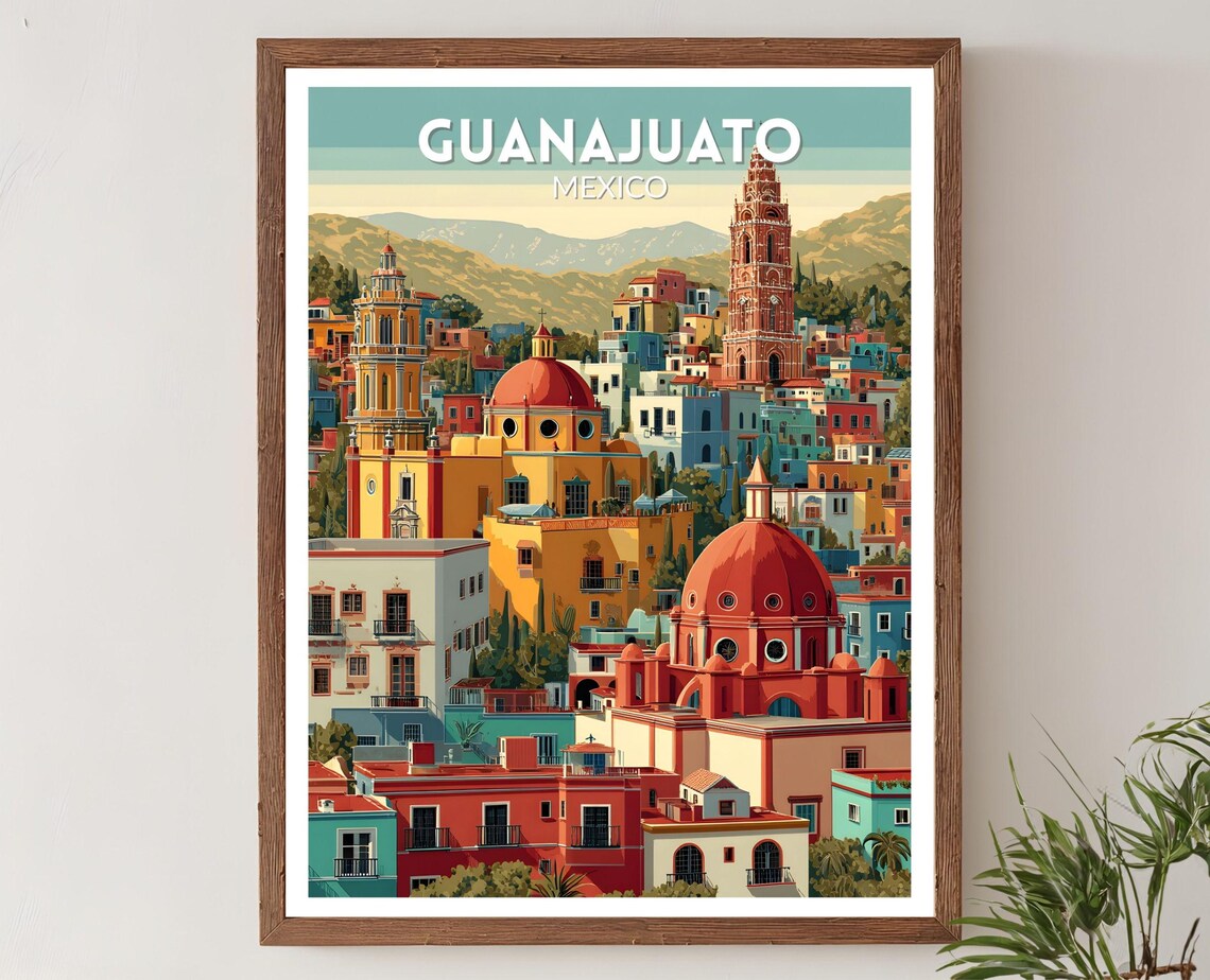 Guanajuato Mexico Retro Travel Poster, Vintage Cityscape