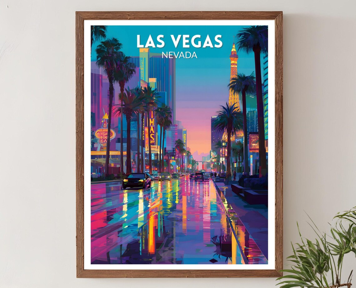 Las Vegas Nevada Vibrant Travel Poster, Retro Futuristic City Lights