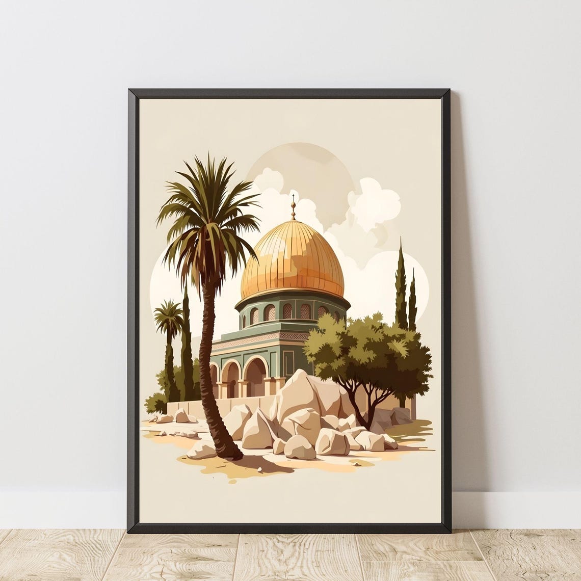 Dome Of The Rock Jerusalem Palm Trees Vintage Illustration Poster