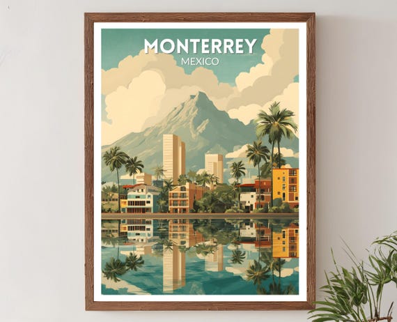 Monterrey Mexico Retro Travel Poster Mid Century Modern Wall Art Print Vintage Cityscape Landscape Decor Home