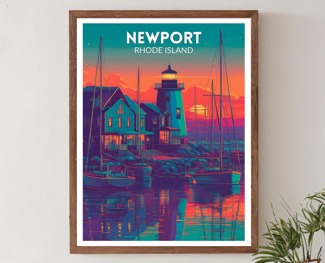 Newport Rhode Island Lighthouse Harbor Sunset Retro Travel Poster