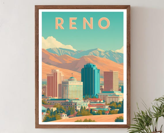 Reno Nevada Retro Travel Poster Mid Century Modern Wall Art Print Vintage Skyline Landscape Decor Home