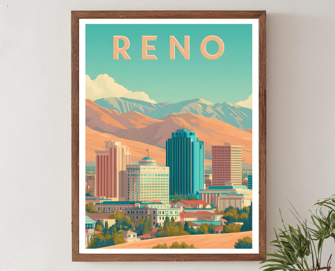 Reno Nevada Skyline Sunset Desert Mountains Retro Travel Poster