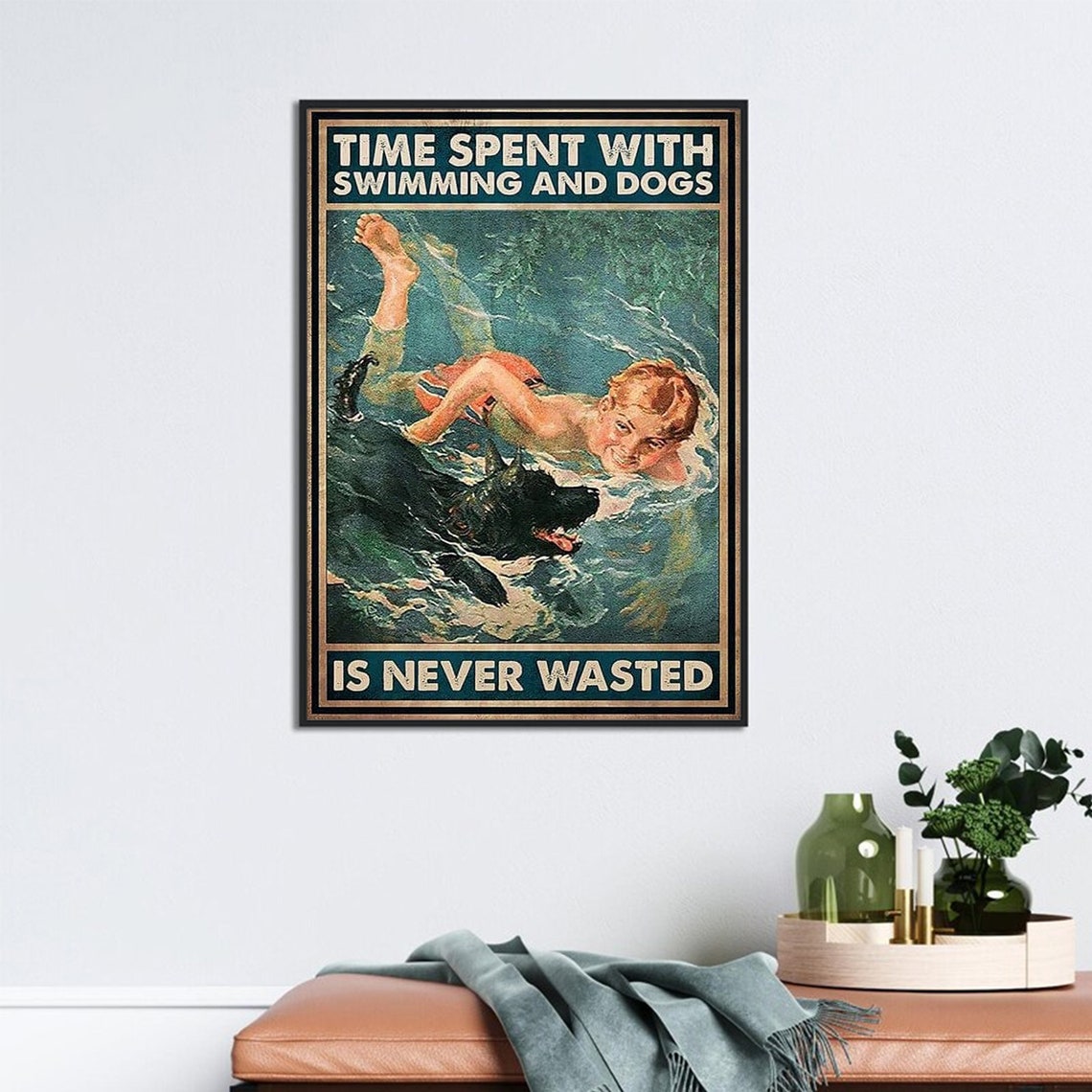 Swimming Boy With Dog Print Time Spent With Swimming And Dog Poster Vintage Swim Girl Wall Art Swimming Wall Decor Little Boy Swimming - Image 3