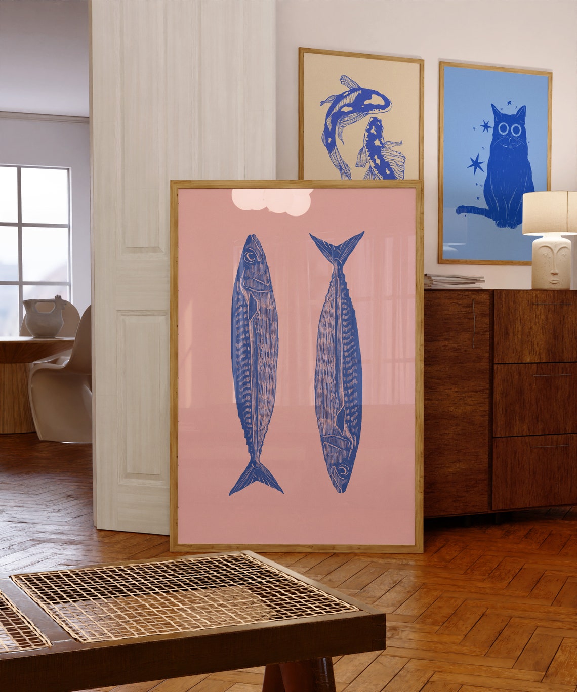 Blue Sardines Pair Pink Background Coastal Kitchen Wall Poster - Image 5