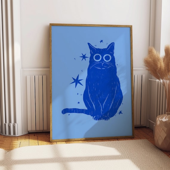 Midnight Blue Cat Stars Celestial Whimsical Cat Lover Art Poster