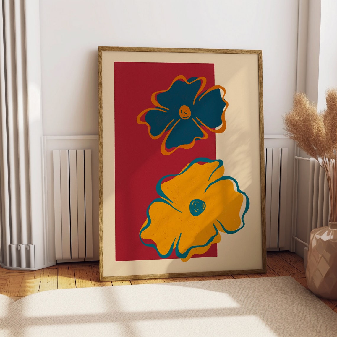 Abstract Floral Duo Teal Mustard Blooms Red Block Art Poster