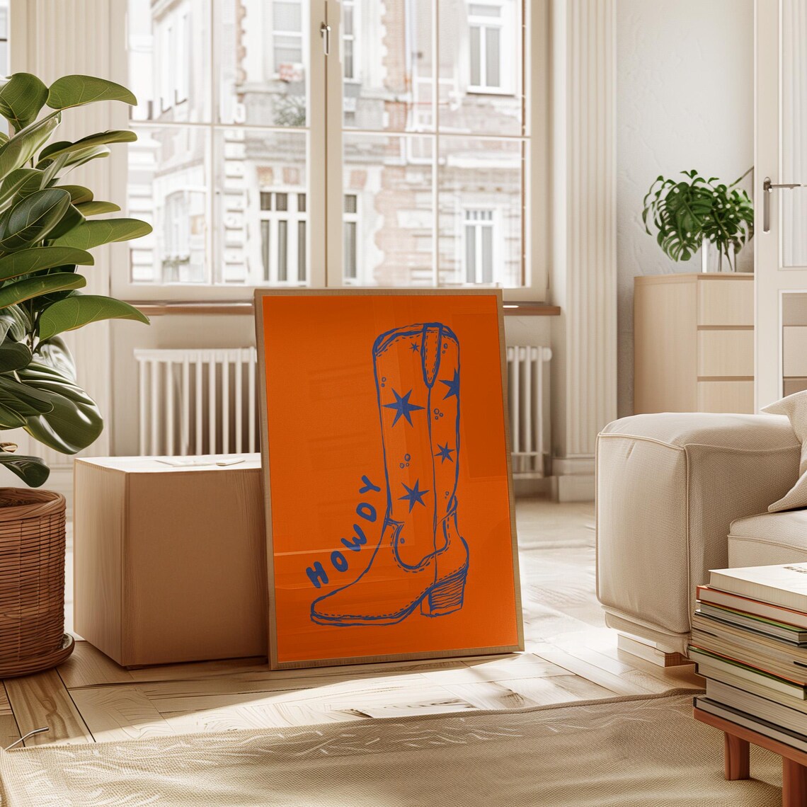 Howdy Cowboy Boot Blue Line Art Bright Orange Western Decor Poster - Image 7