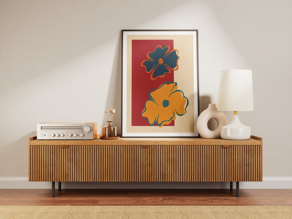 Abstract Floral Duo Teal Mustard Blooms Red Block Art Poster - Image 3