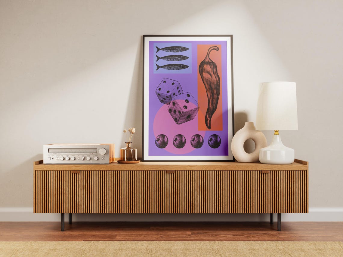 Trippy Collage Dice Fish Chili Pepper Purple Funky Art Poster - Image 2