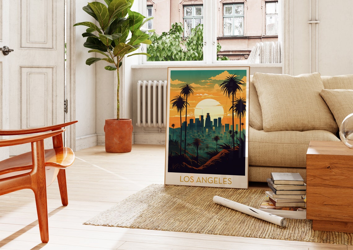 Los Angeles Golden Sunset Palms Retro Skyline Illustration Poster - Image 4