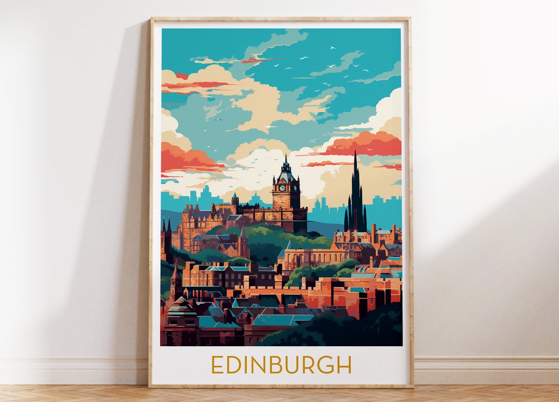 Edinburgh Scotland Old Town Sunset Skyline Retro Travel Poster
