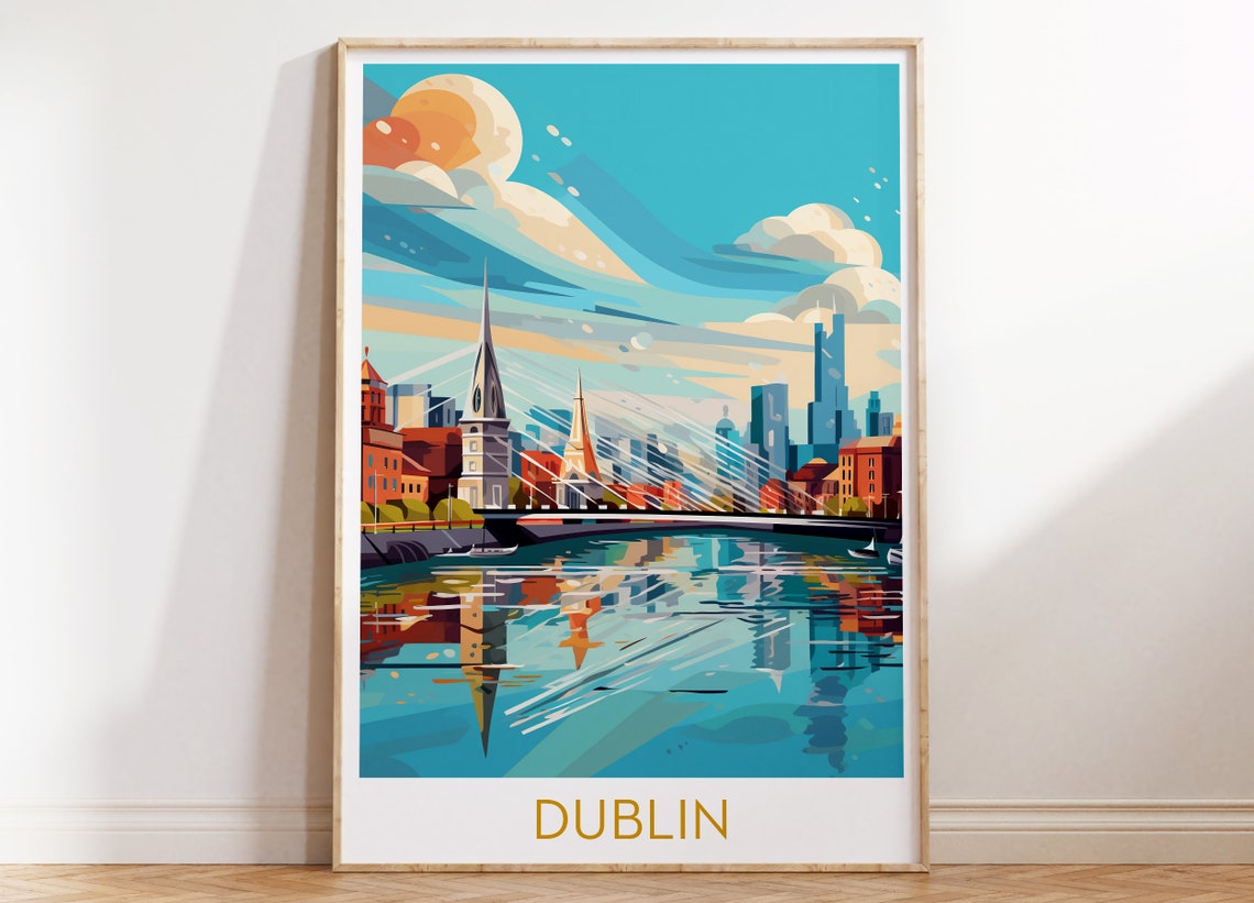Dublin Ireland River Liffey Skyline Bridge Retro Travel Poster