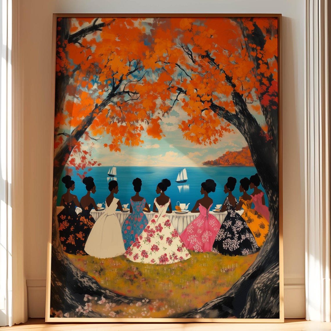 Black Women Tea Party Lakeside Autumn Tree Vintage Style Poster