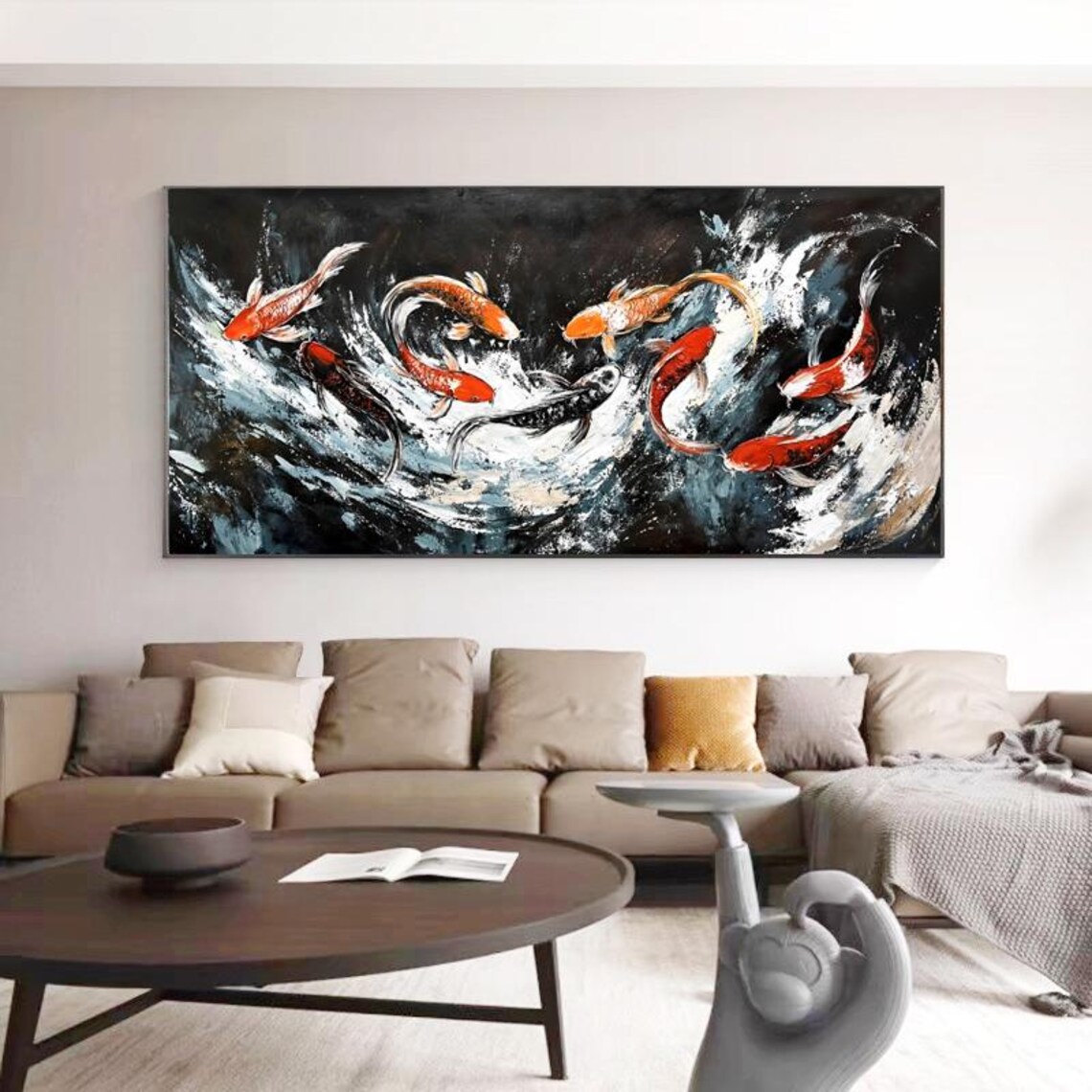 Nine Abstract Koi Oil Painting, Living Room Wall Art - Image 3