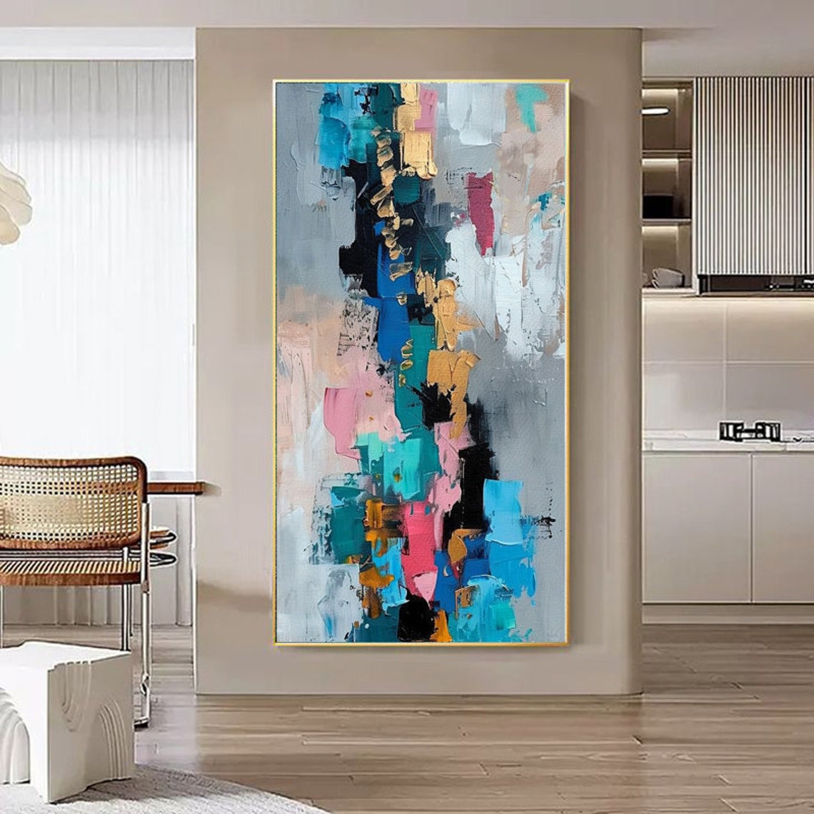 Tall Blue Pink and Gold Vertical Abstract Modern Canvas Poster - Image 6