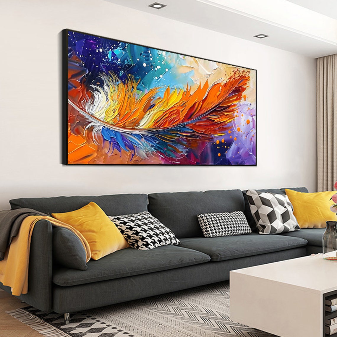 Blazing Orange Feather Sweeping Over a Violet Dreamscape Wall Art - Image 3