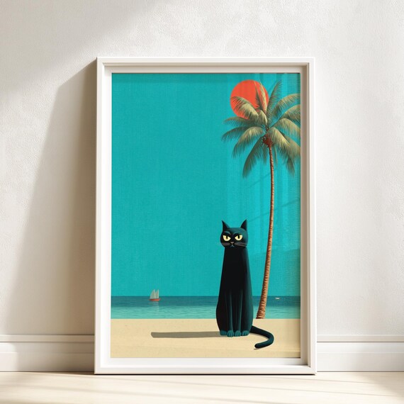 Black Cat Sitting On Beach With Palm Tree Red Sun Minimal Poster