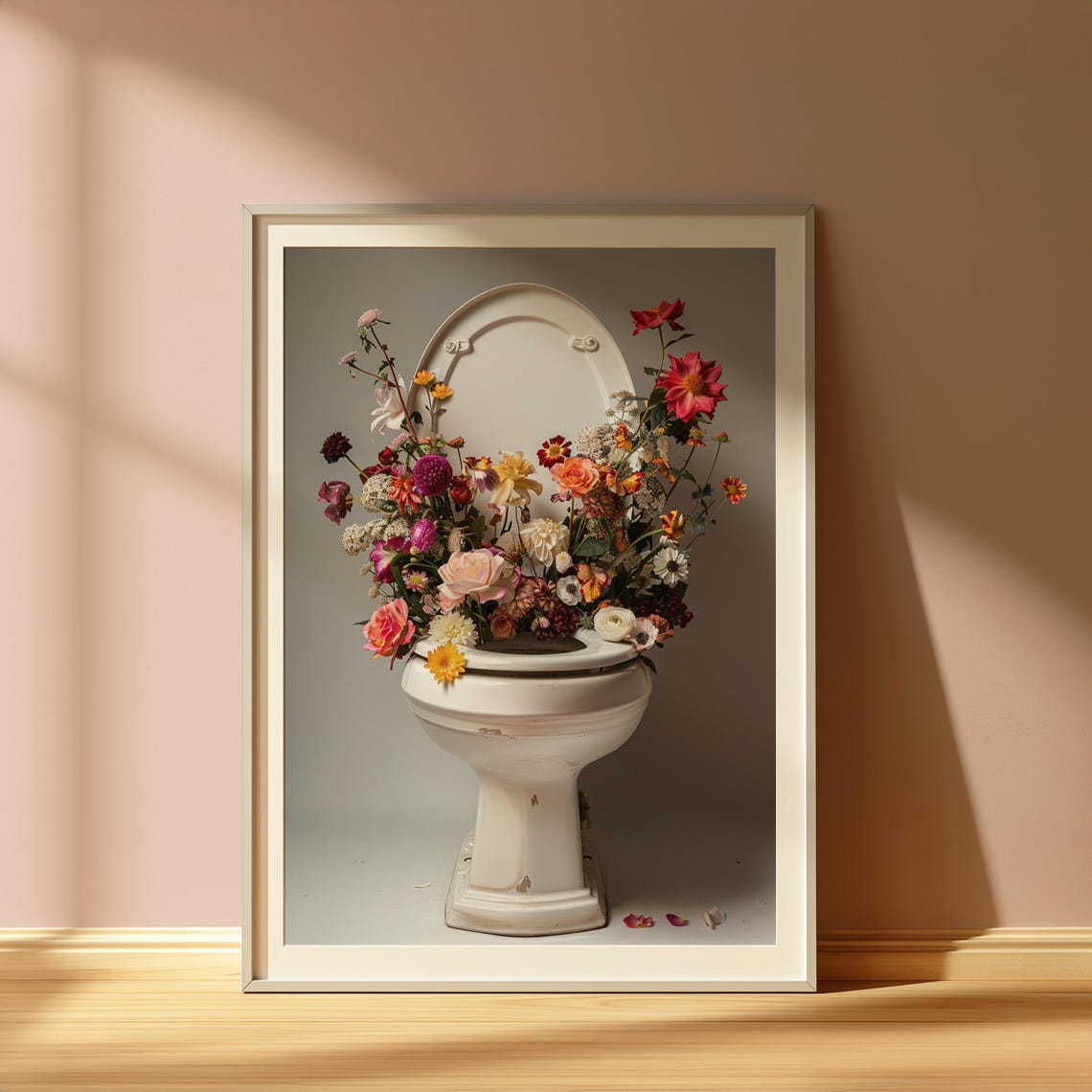 Overflowing Floral Toilet Bouquet Whimsical Funny Bathroom Poster