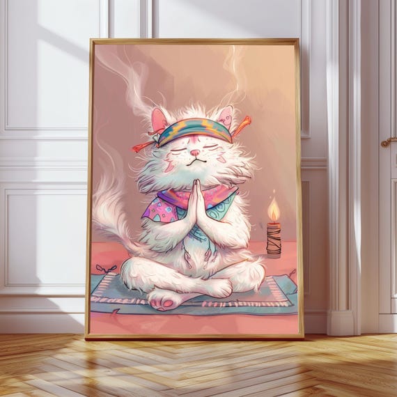 Zen Cat Yoga Print Meditating Feline Mindful Boho Decor