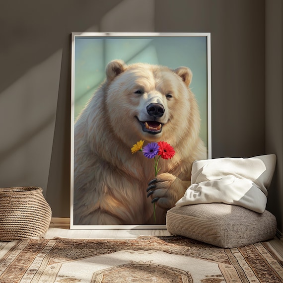 Smiling Bear Holding Flowers Whimsical Nursery Animal Poster