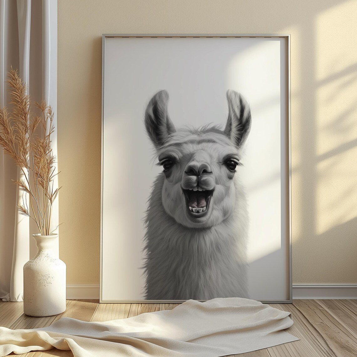 Laughing Llama Black and White Funny Animal Portrait Photo Poster