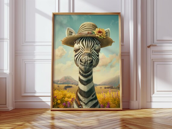 Zebra In Flower Hat Print Whimsical Farmhouse Animal Portrait