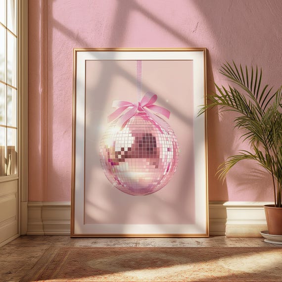 Pink Disco Ball Poster Glam Wall Art With Bow