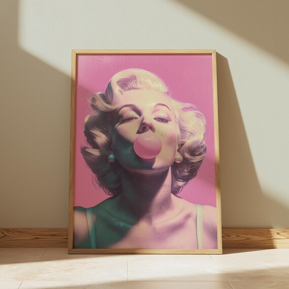 Retro Blonde Beauty Blowing Pink Bubblegum Vivid Pop Art Poster