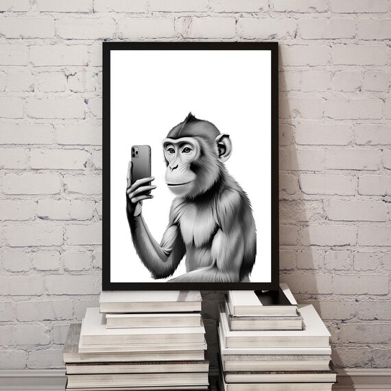 Modern Selfie Monkey Print Black White Wall Art For Playful Home Decor