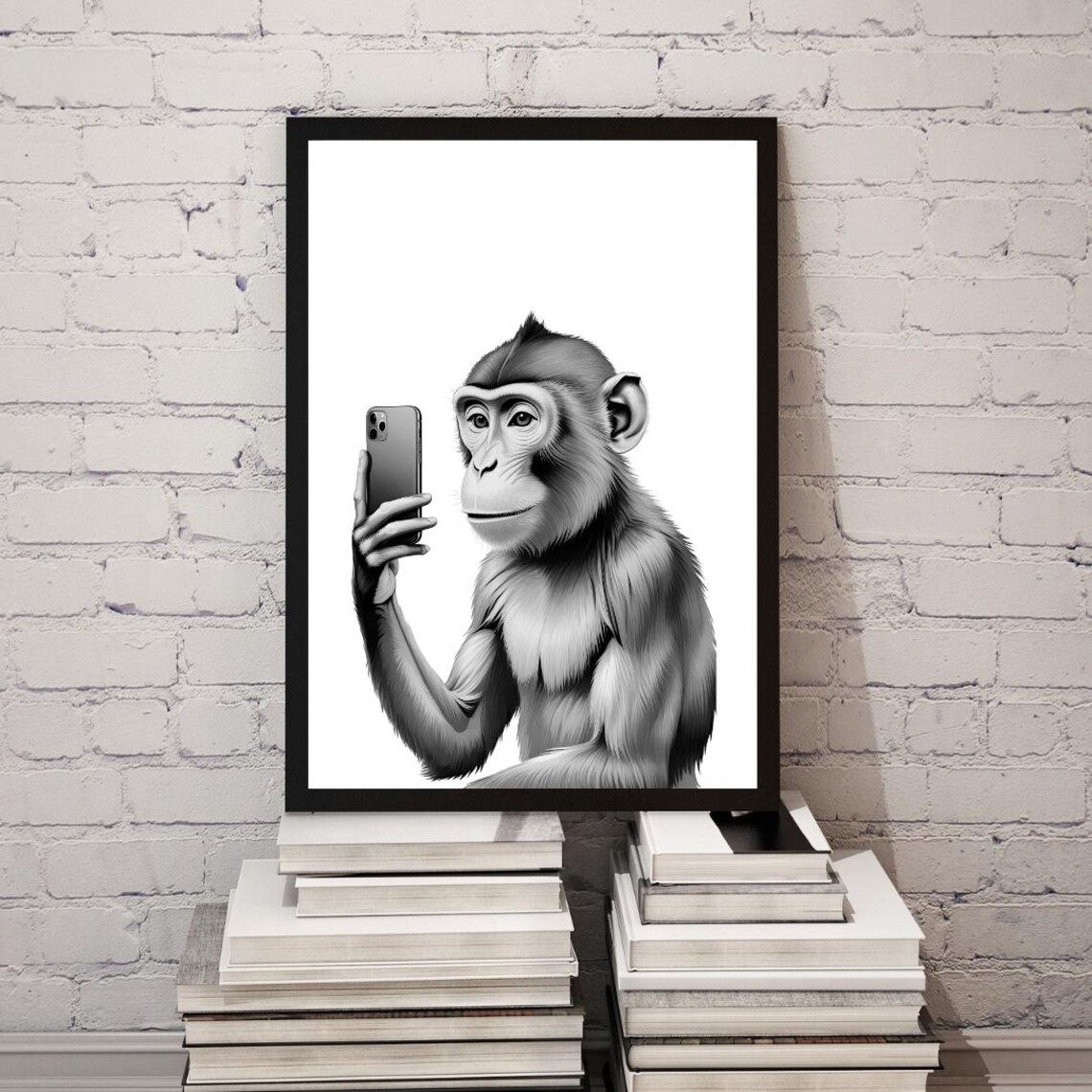 Modern Selfie Monkey Print Black White Wall Art For Playful Home Decor