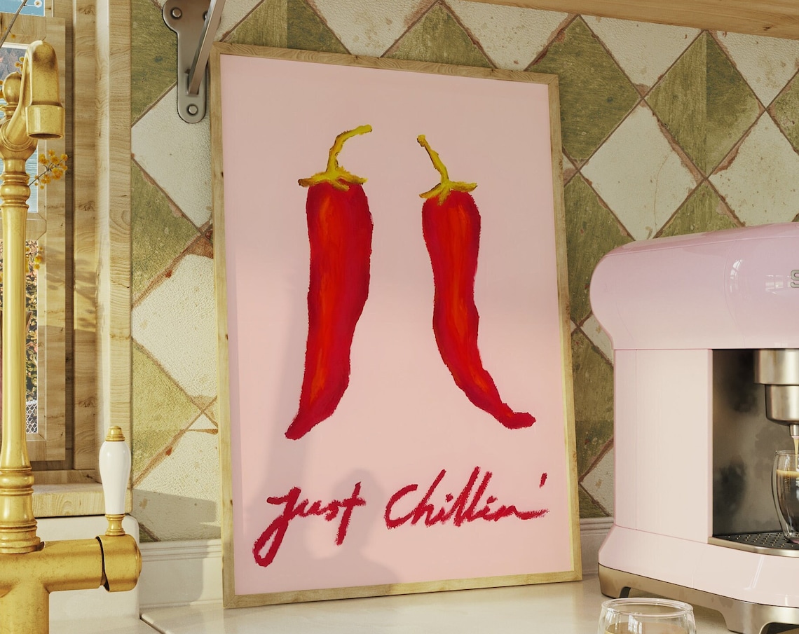 Just Chillin' Chili Peppers Pink Retro Trendy Kitchen Wall Art
