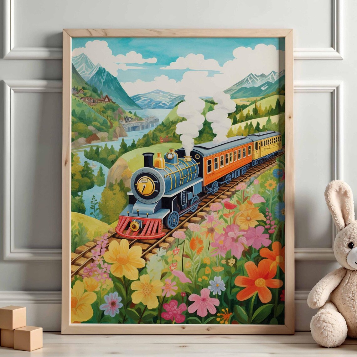 Blue Orange Steam Train Colorful Flower Meadow Valley Poster