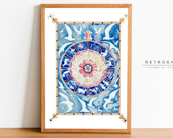 Blue Zodiac Wheel Astrology Watercolor Celestial Mandala Art Print