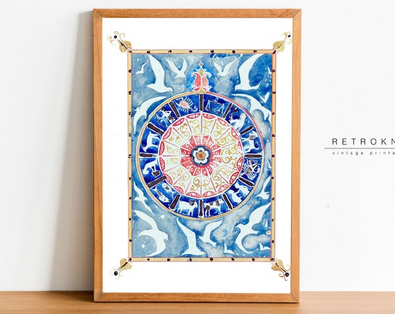 Zodiac Wheel Art Print Wall Art Astrology Gifts Zodiac Signs Watercolor Painting Boho Decor Ep15
