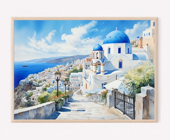 Santorini Greece Art Print Watercolor Travel Illustration